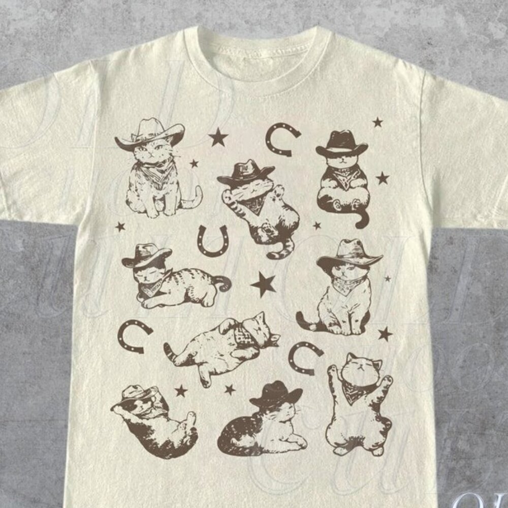 Cowboy Cats Kittens Western Retro 90s Aesthetic T-Shirt - Picture 1 of 4